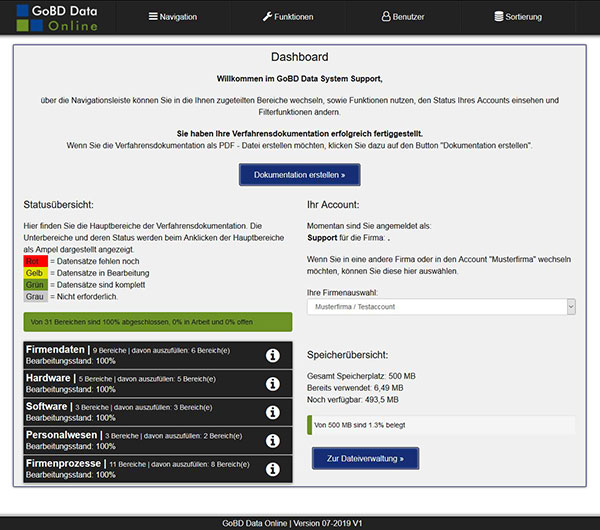GoBD Data System Dashboard mit Assistent, Verfahrensdokumentation, GoBD, Verfahrensdokumentation online